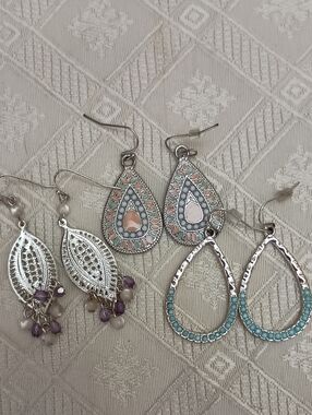 Silver Teardrop Dangle Earrings Set with Pastel Accents